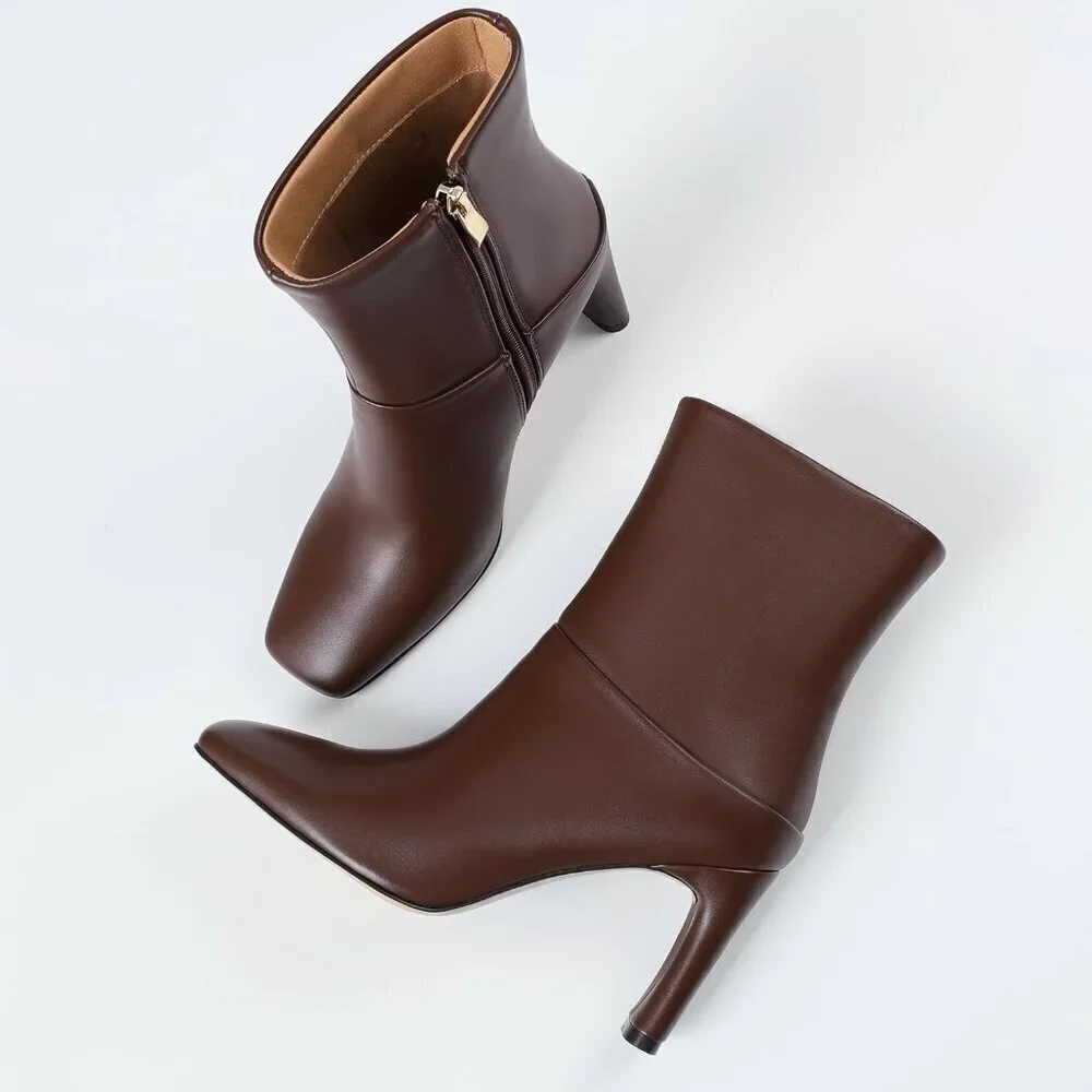 Women's Brown Square Toe Ankle Boots Low Heel Side Zipper Comfort Dressy